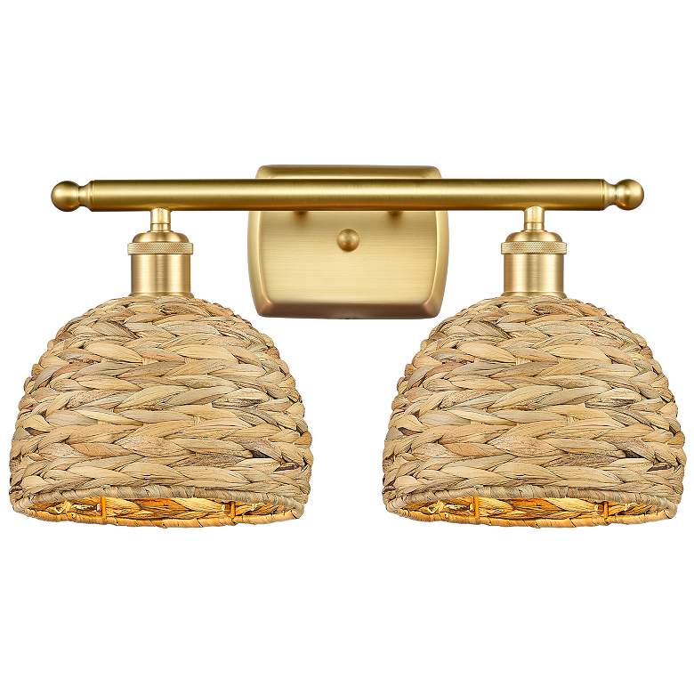 Image 1 Woven Rattan 9 3/4" High Satin Gold 2-Light Wall Sconce