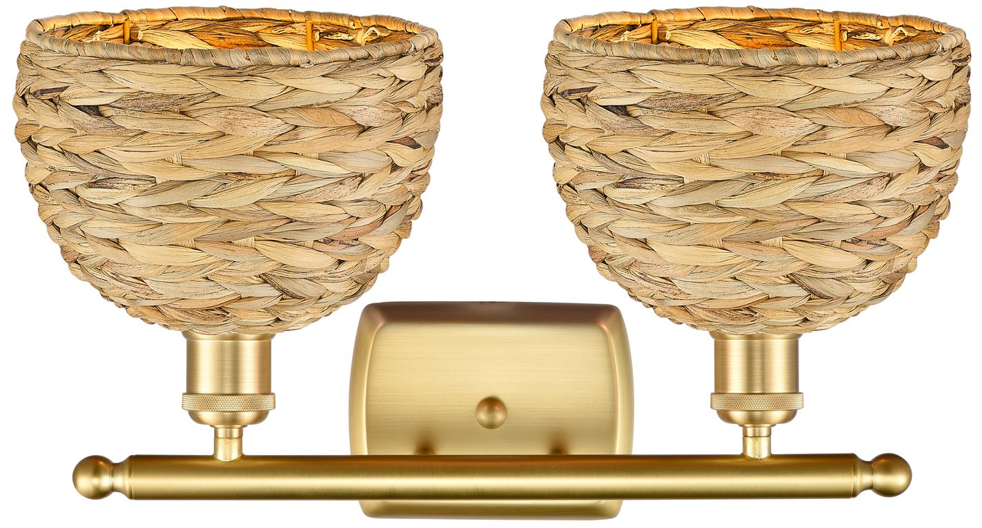 Image 2 Woven Rattan 9 3/4" High Satin Gold 2-Light Wall Sconce more views