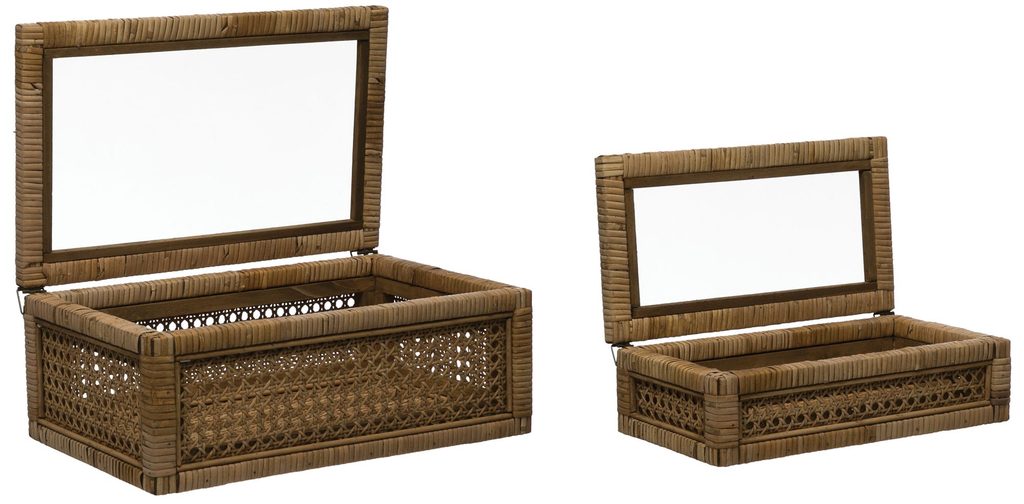 Image 7 Woven Rattan and Wood Display Boxes with Glass Lids, Set of 2 more views