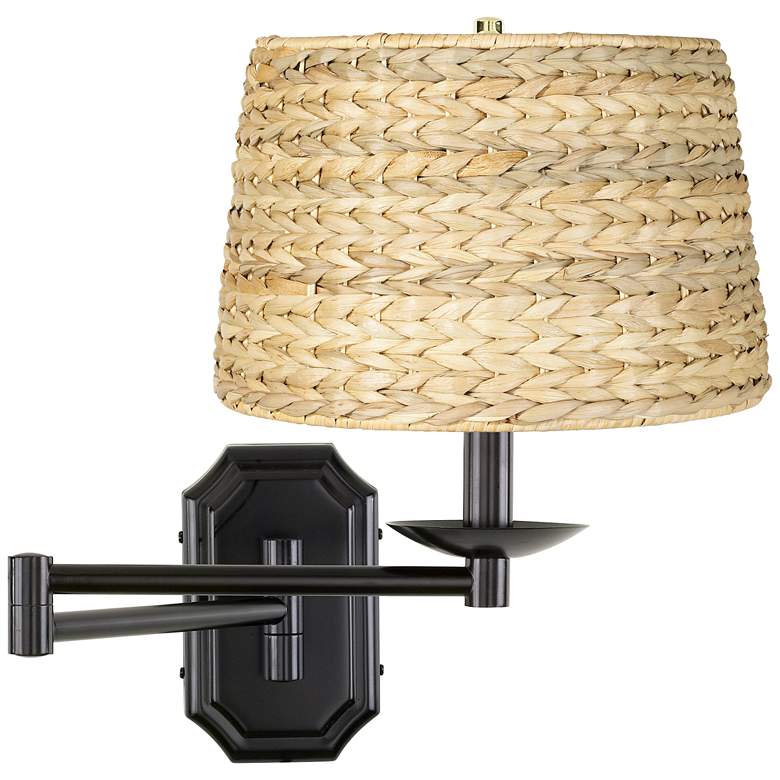 Image 1 Woven Seagrass Dark Bronze Plug-In Swing Arm Wall Lamp