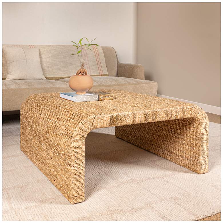 Image 2 Woven Water Hyacinth & Acacia Wood Coffee Table with Waterfall Edge, Small more views