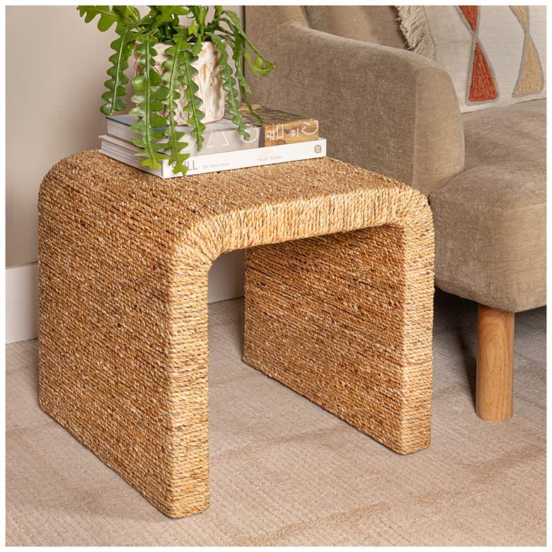 Image 1 Woven Water Hyacinth & Acacia Wood End Table with Waterfall Edge