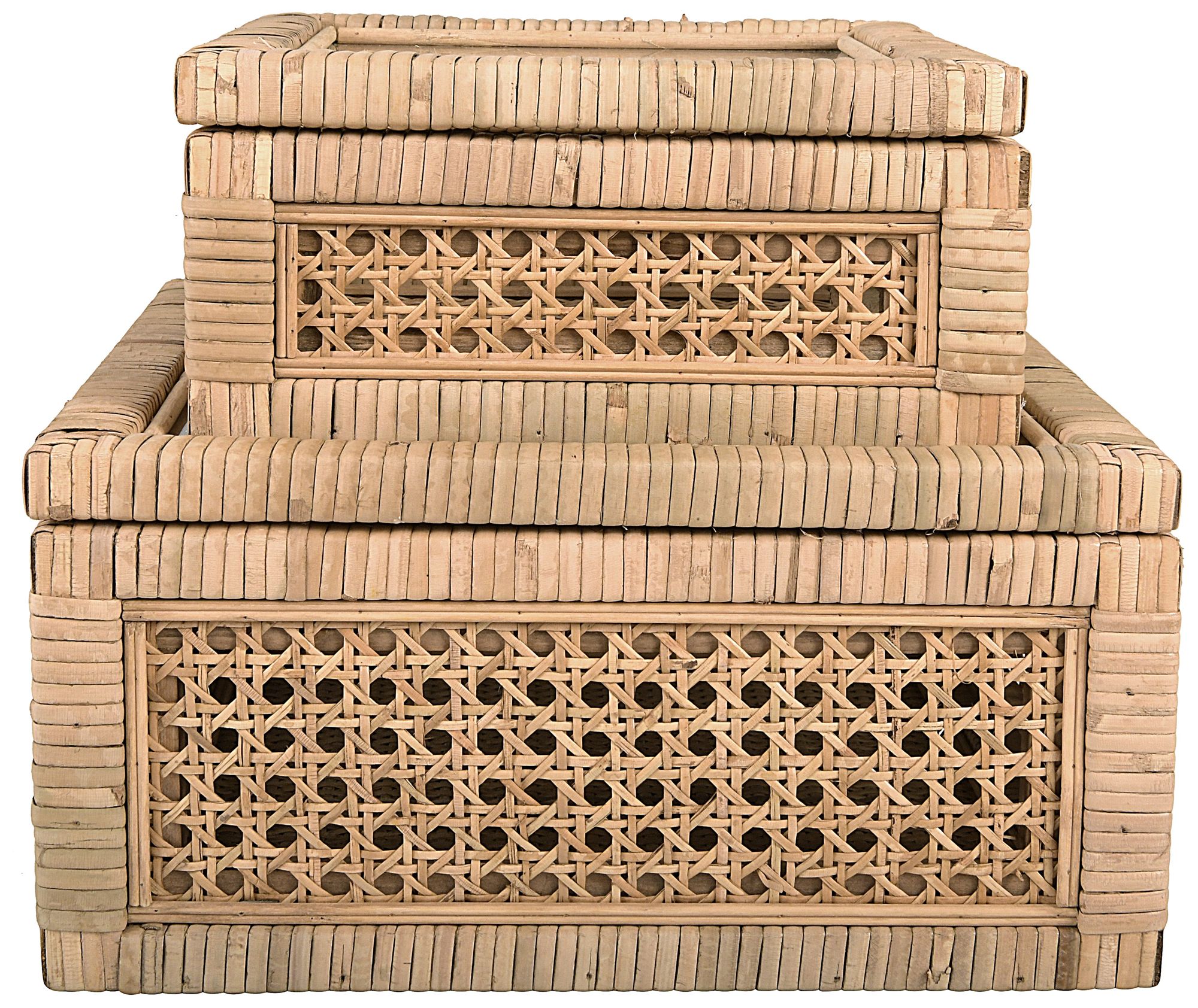 Image 2 Woven Wood and Rattan Display Boxes with Glass Lids, Natural, Set of 2