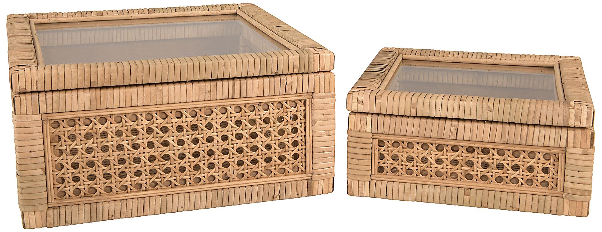 Image 6 Woven Wood and Rattan Display Boxes with Glass Lids, Natural, Set of 2 more views