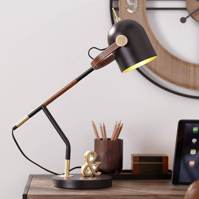 Image 1 Wrapped Brown Leather and Black Metal Modern Adjustable Desk Lamp