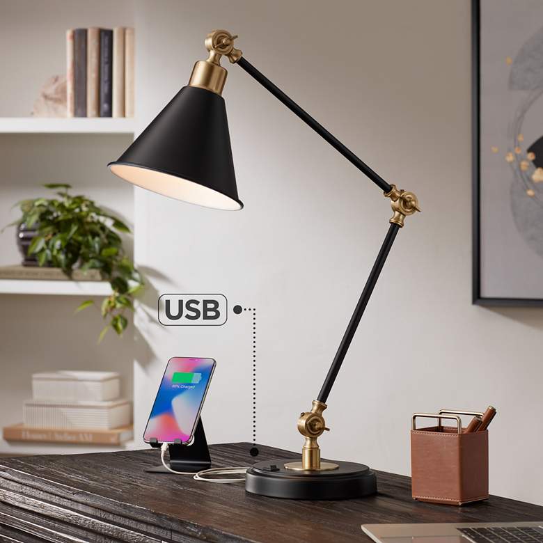 Image 2 Wray Black Antique Brass Adjustable Desk Lamp with USB Port