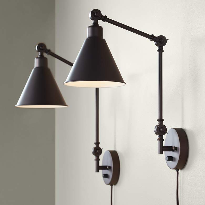 Wray Bronze Metal Adjustable Plug-In Wall Lamps Set of 2