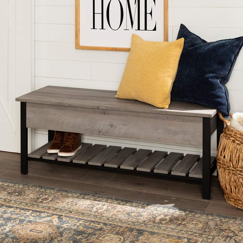 Image 1 Wyatt 48" Wide Gray Washed Wood 1-Shelf Storage Bench