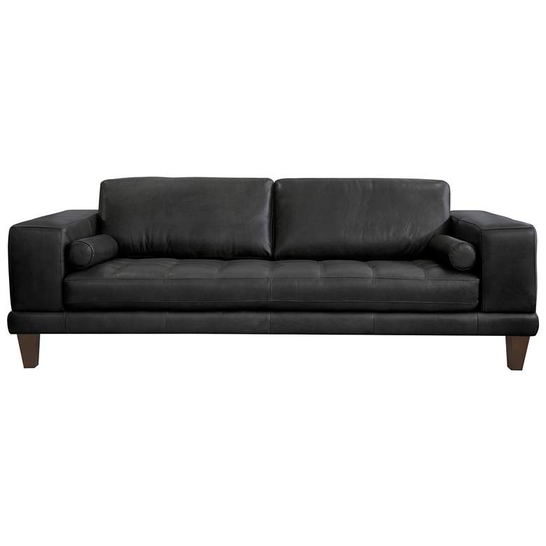 Image 1 Wynne 94 In. Sofa in Black Leather and Brown Wood Legs