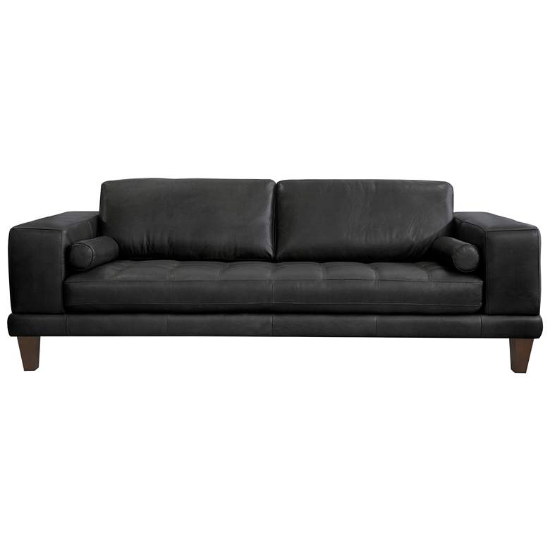 Image 1 Wynne 94 In. Sofa in Black Leather and Brown Wood Legs