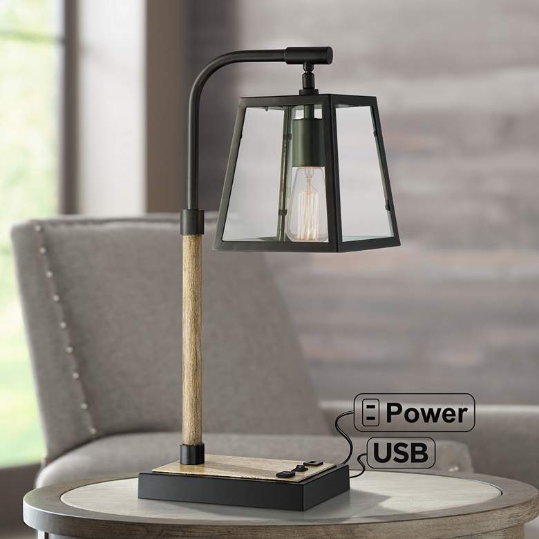 Image 1 Wynne Black and Faux Wood Desk Lamp with USB Port and Outlet
