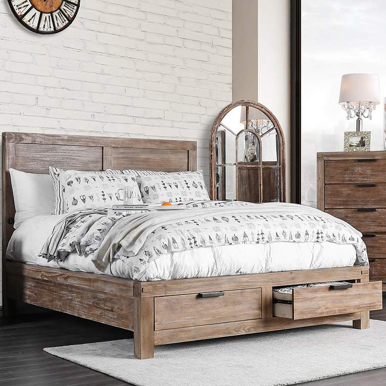 Image 1 Wynton Weathered Light Oak 2-Drawer Queen Bed with USB Ports
