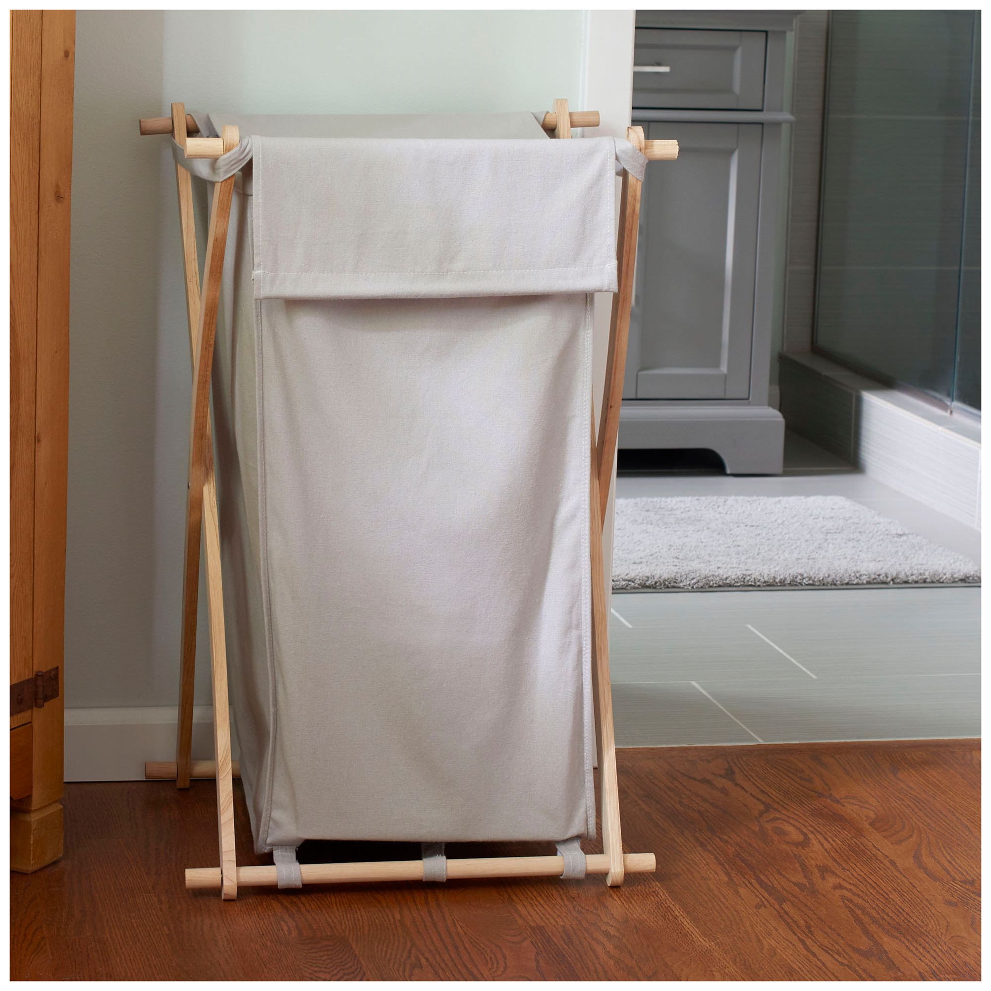 Image 2 X-Frame Wood Laundry Hamper with Washable Gray Poly-Cotton Bag more views