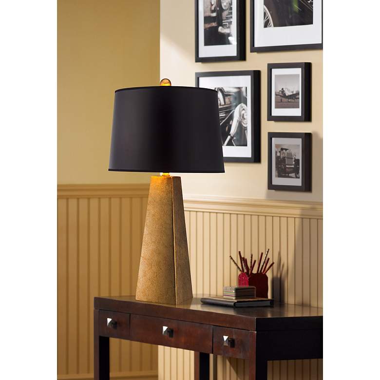 Image 1 Possini Euro Obelisk Black Shade Gold Leaf Finish Modern Table Lamp in scene