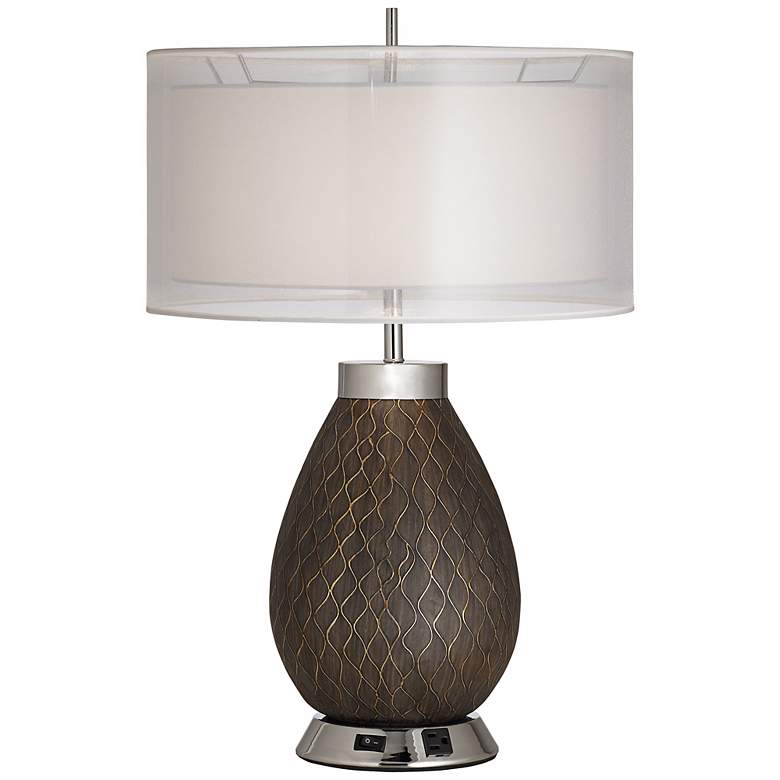 Image 1 X4159 - Warm Gray Glazed Ceramic Table Lamp w/ Clay Shade