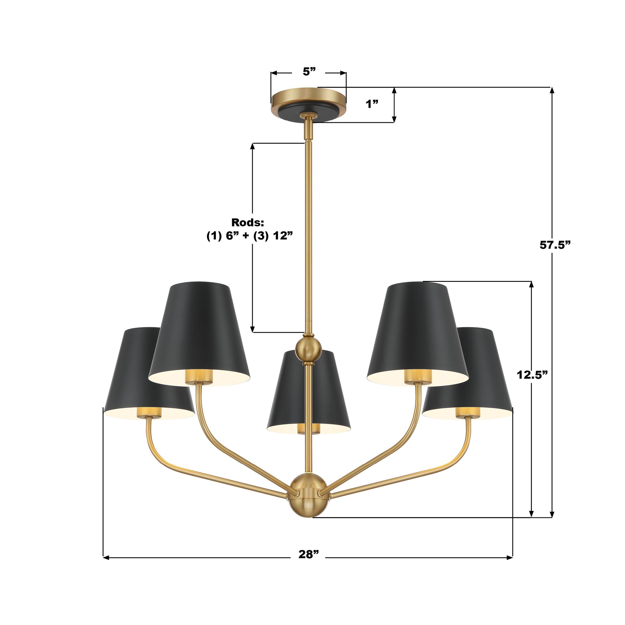 Xavier 28"W Vibrant Gold 5-Light Chandelier w/ Black Shade