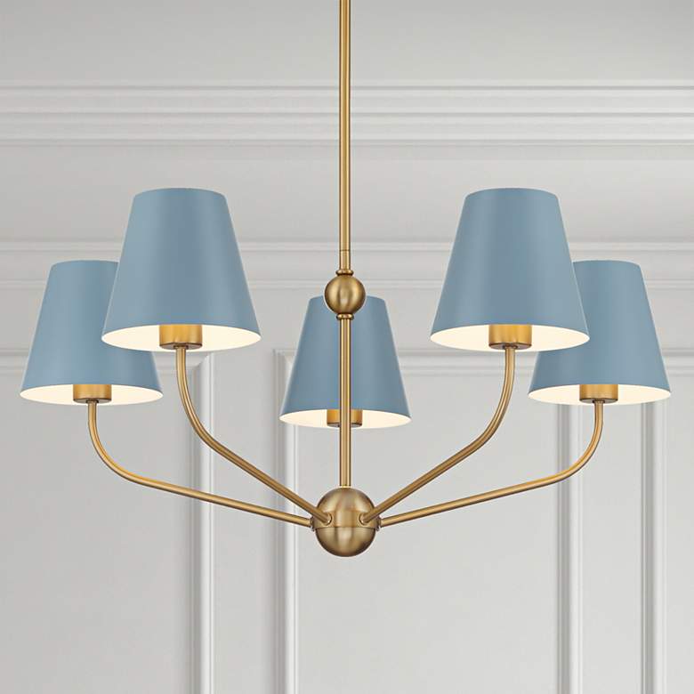 Image 1 Xavier 28"W Vibrant Gold 5-Light Chandelier with Blue Shades
