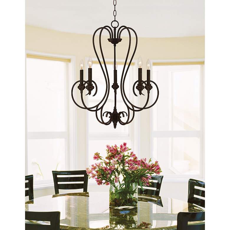 Image 1 Franklin Iron Works Channing 24 1/2 inch Bronze 5-Light Scroll Chandelier in scene