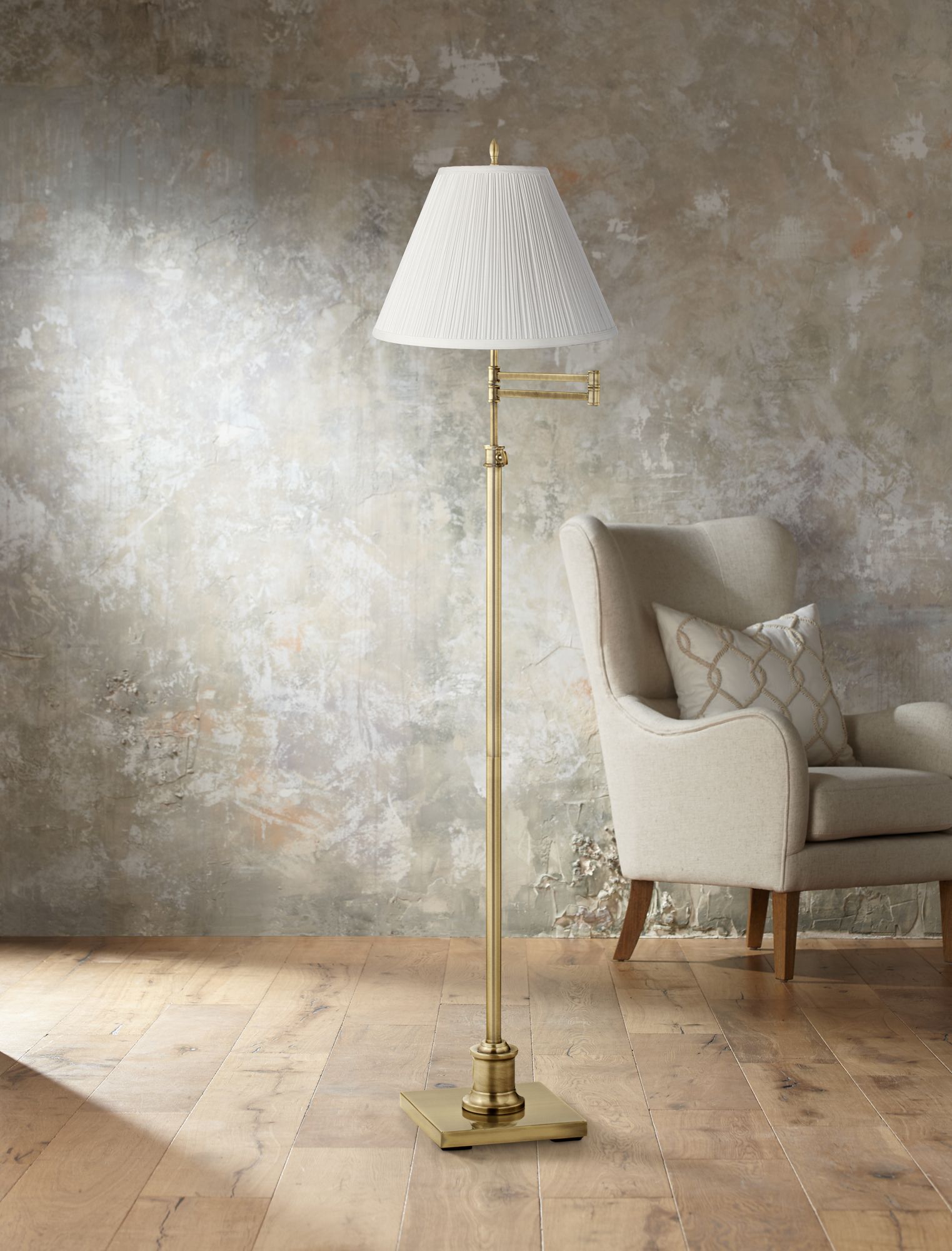 Westbury White Pleated Shade Brass Swing Arm Floor Lamp