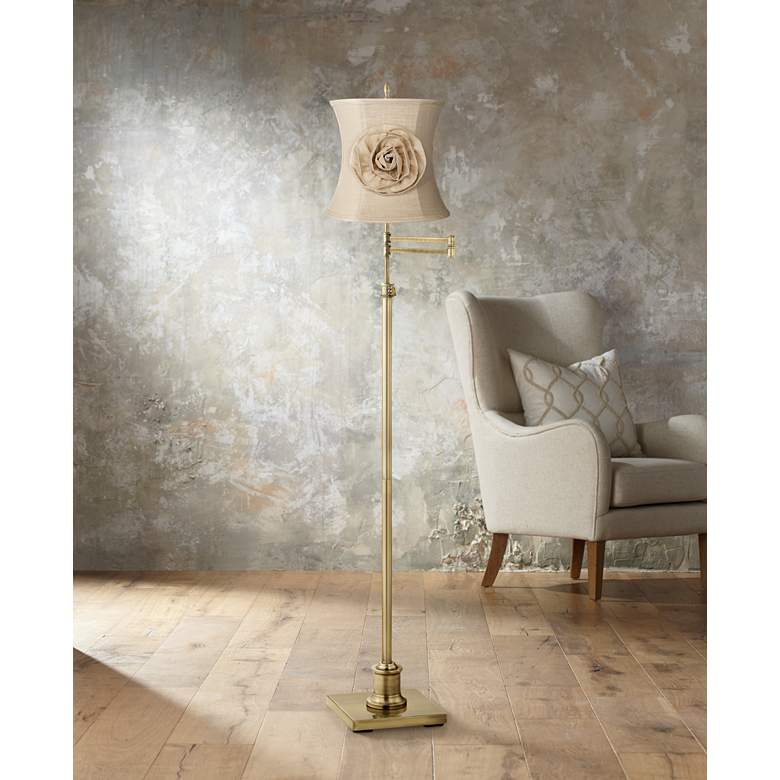 Image 1 Westbury Almond Flower Shade Brass Swing Arm Floor Lamp in scene