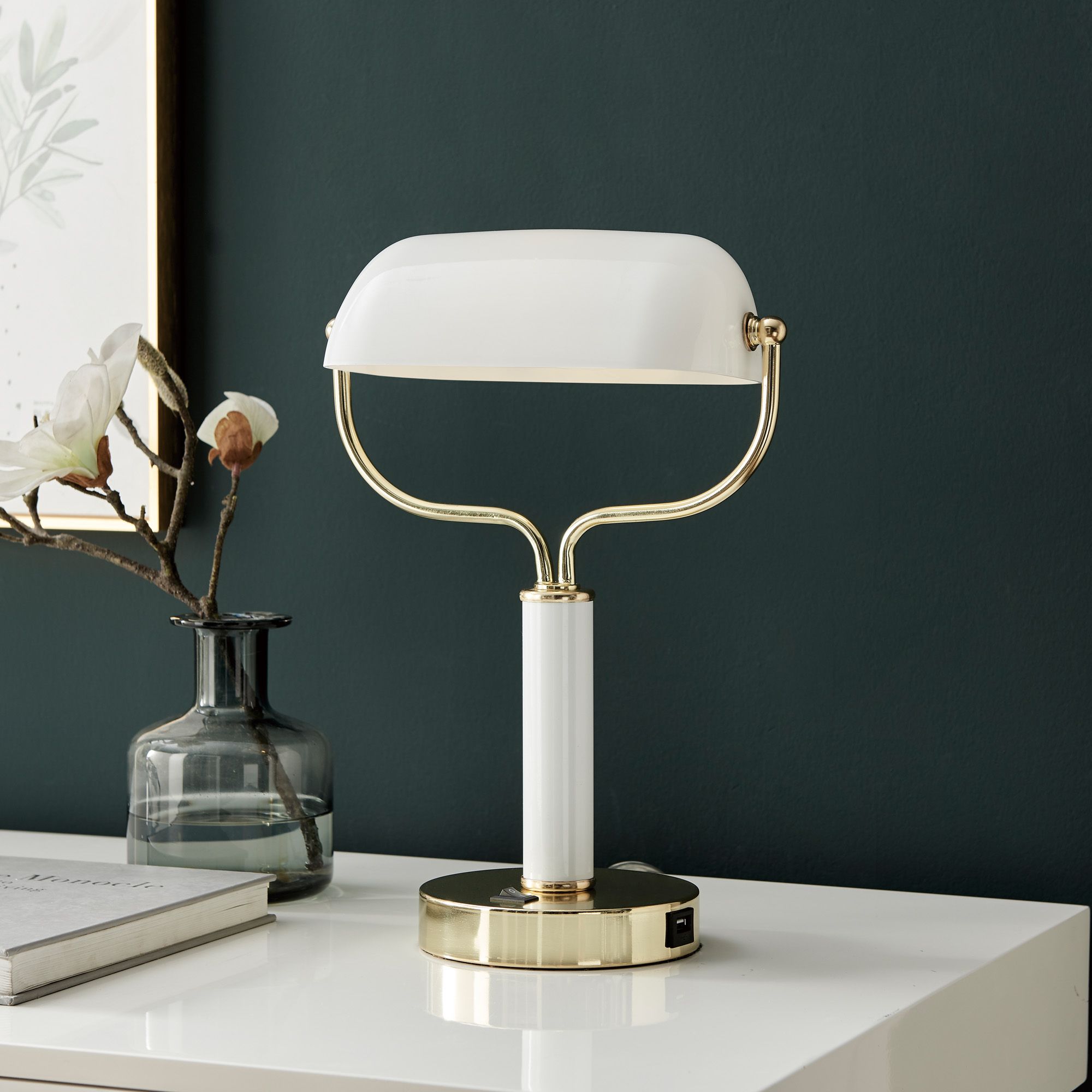 Yanni White and Gold Banker Desk Lamp with USB Port 345P2 Lamps Plus