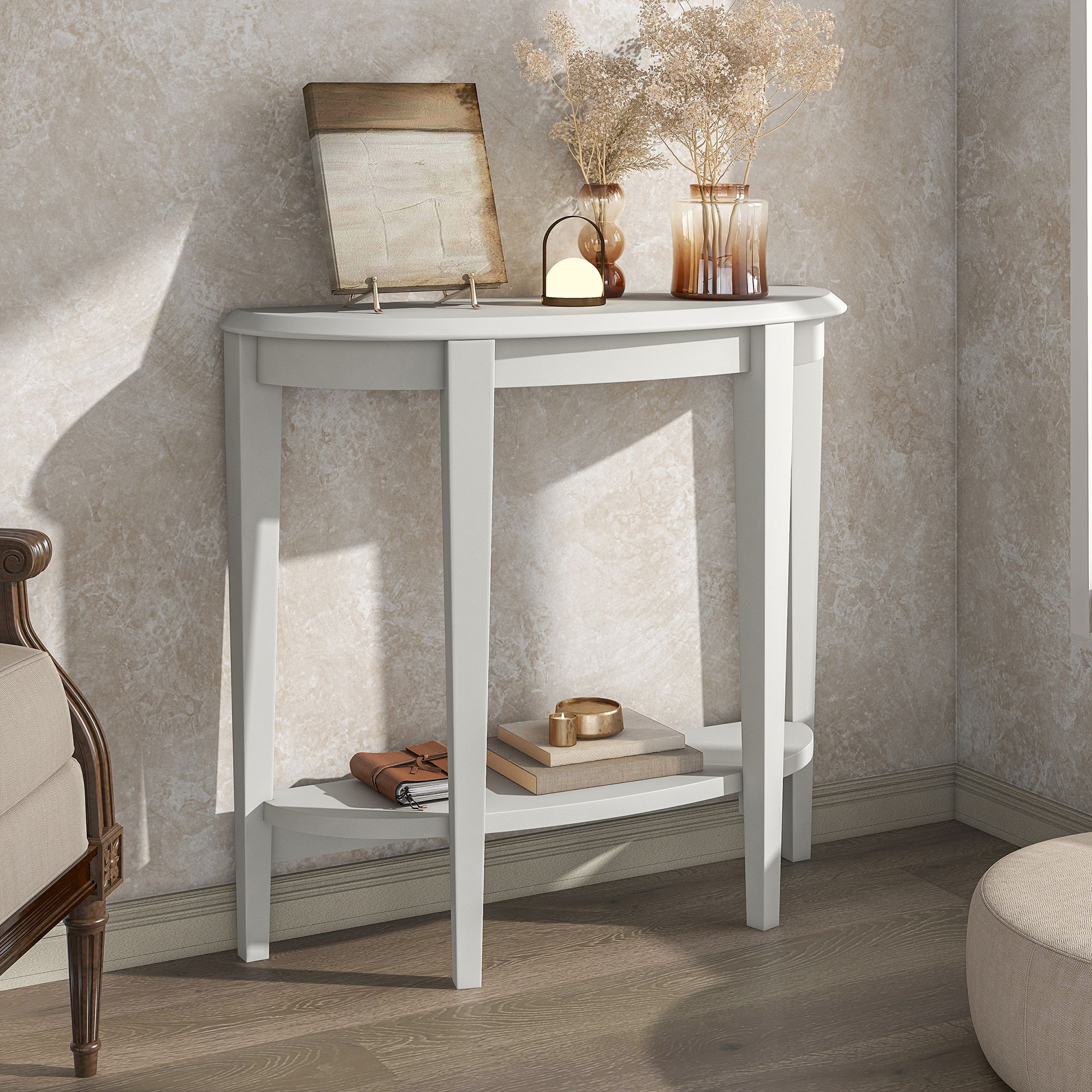 Yara 36 Wide White Wood 1 Shelf Half Round Console Table