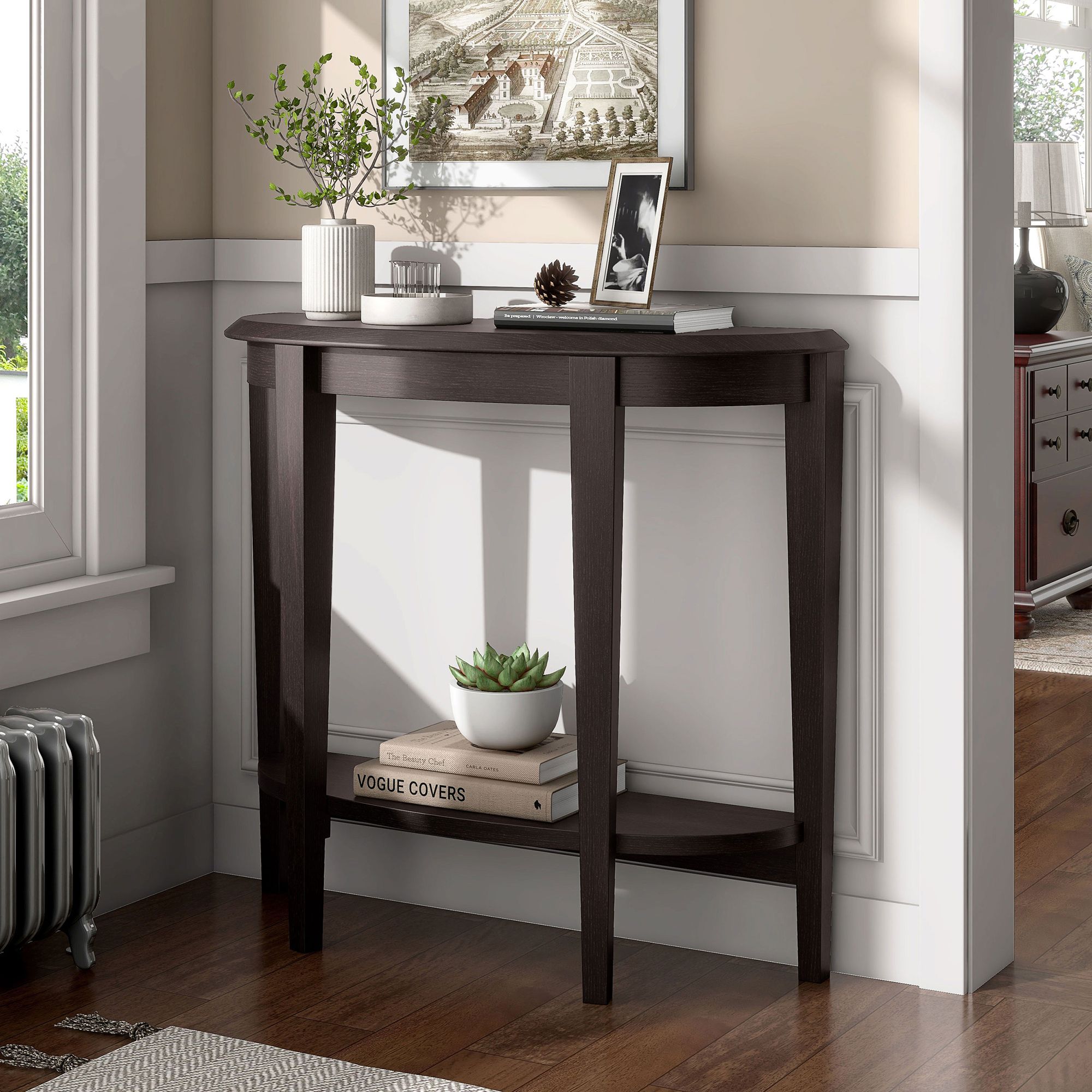Yara 36"W Red Cocoa Wood 1-Shelf Half Round Console Table