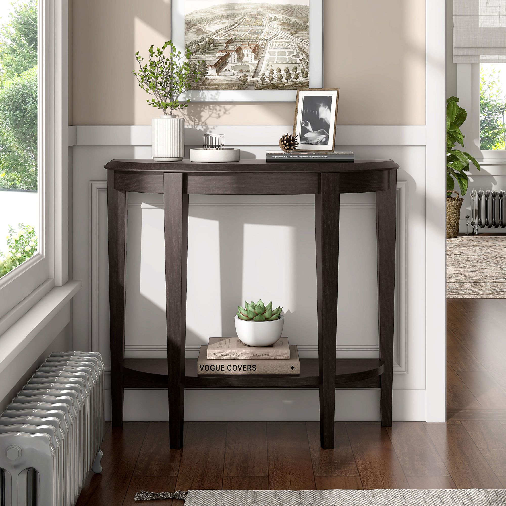 Yara 36"W Red Cocoa Wood 1-Shelf Half Round Console Table