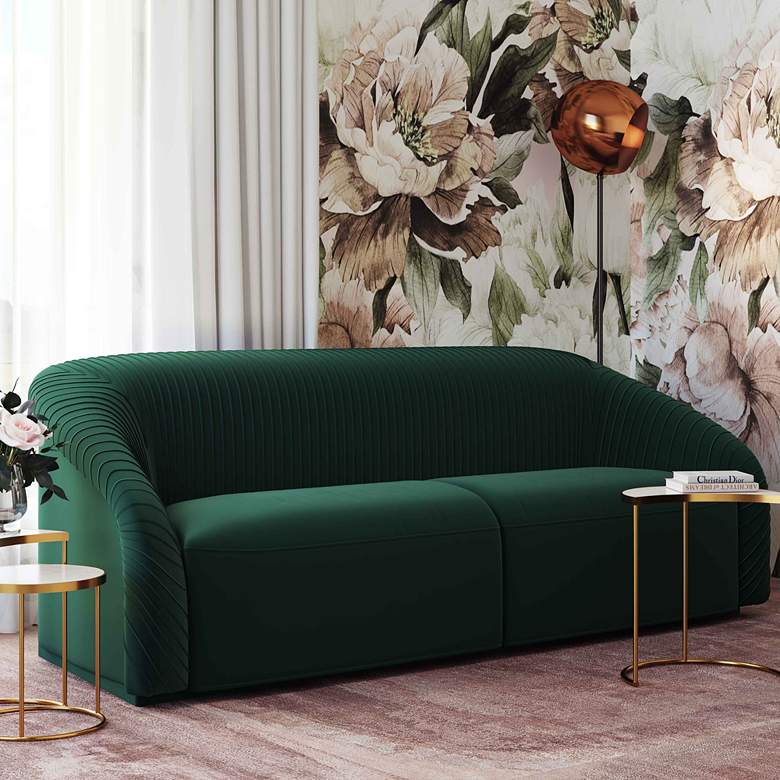 Image 1 Yara 90 1/2 inch Wide Pleated Forest Green Velvet Sofa