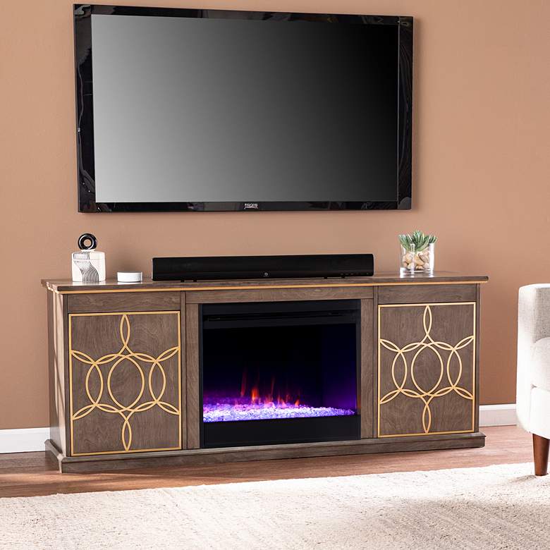 Image 1 Yardlynn 60 3/4 inchW Brown and Gold Electric Fireplace Console