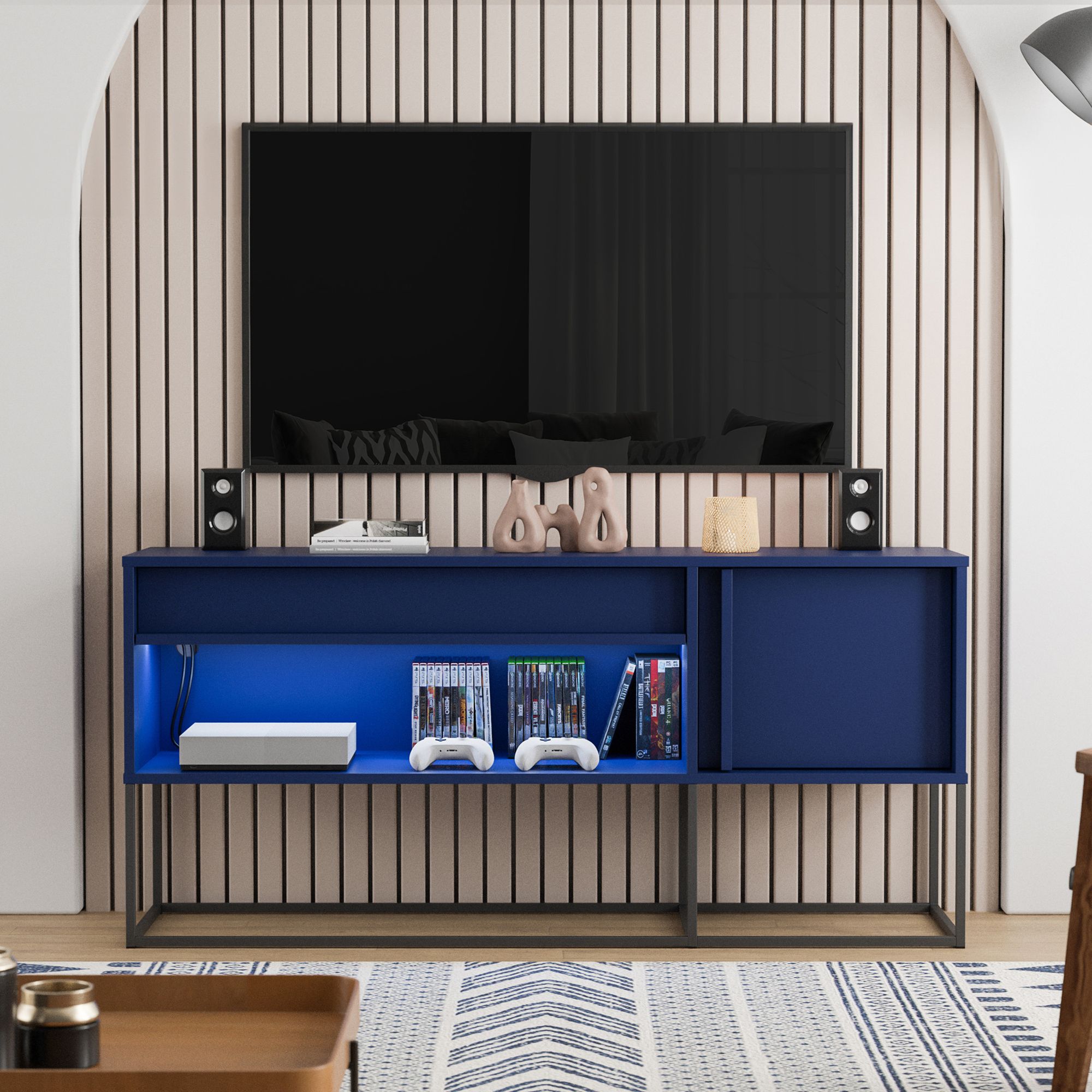 Yazda 60" Wide Indigo 1-Drawer TV Stand w/ USB and LED Light