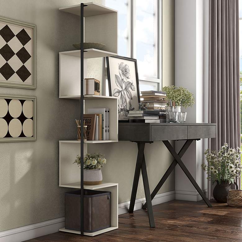 Image 1 Yaztra 12" Wide Cream Weave 5-Shelf Corner Bookcase