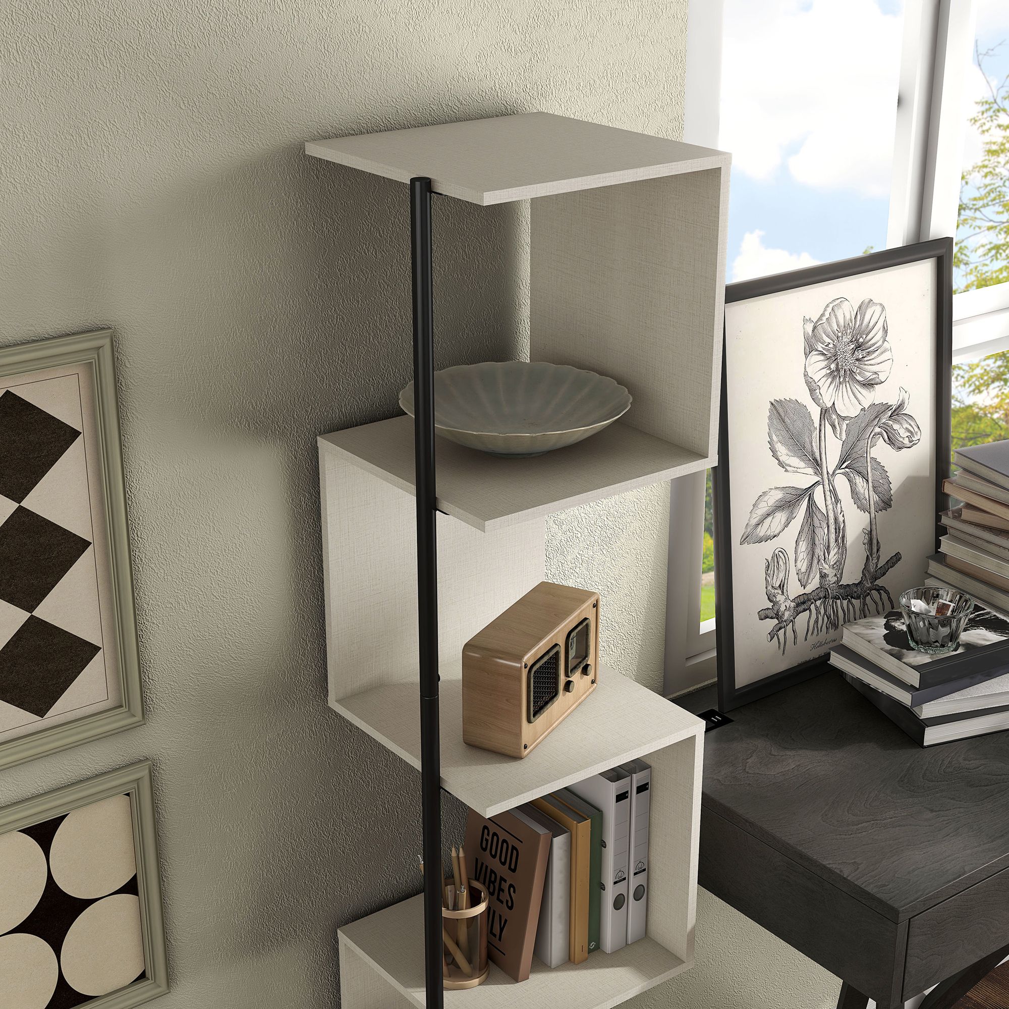 Yaztra 12" Wide Cream Weave 5-Shelf Corner Bookcase