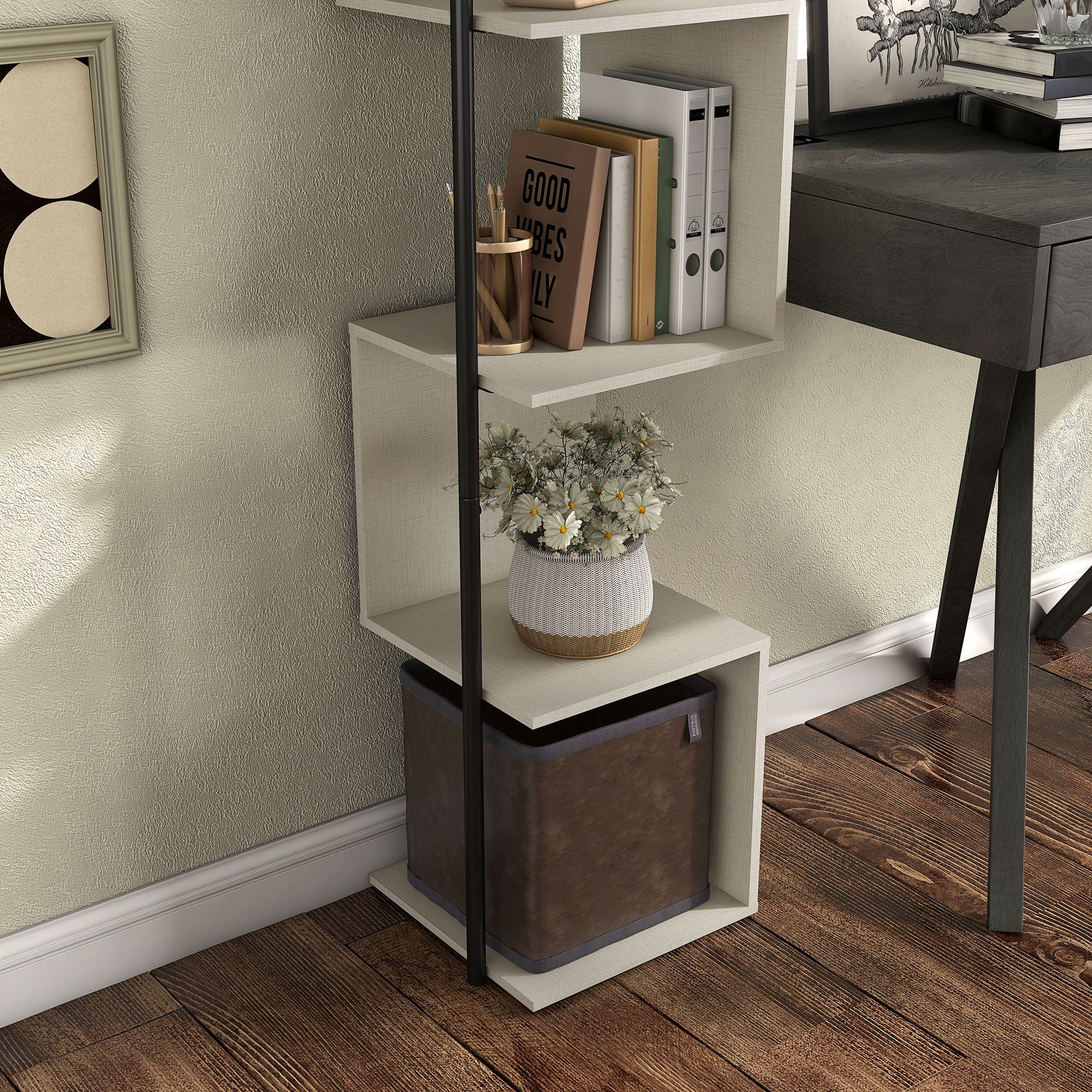 Yaztra 12" Wide Cream Weave 5-Shelf Corner Bookcase