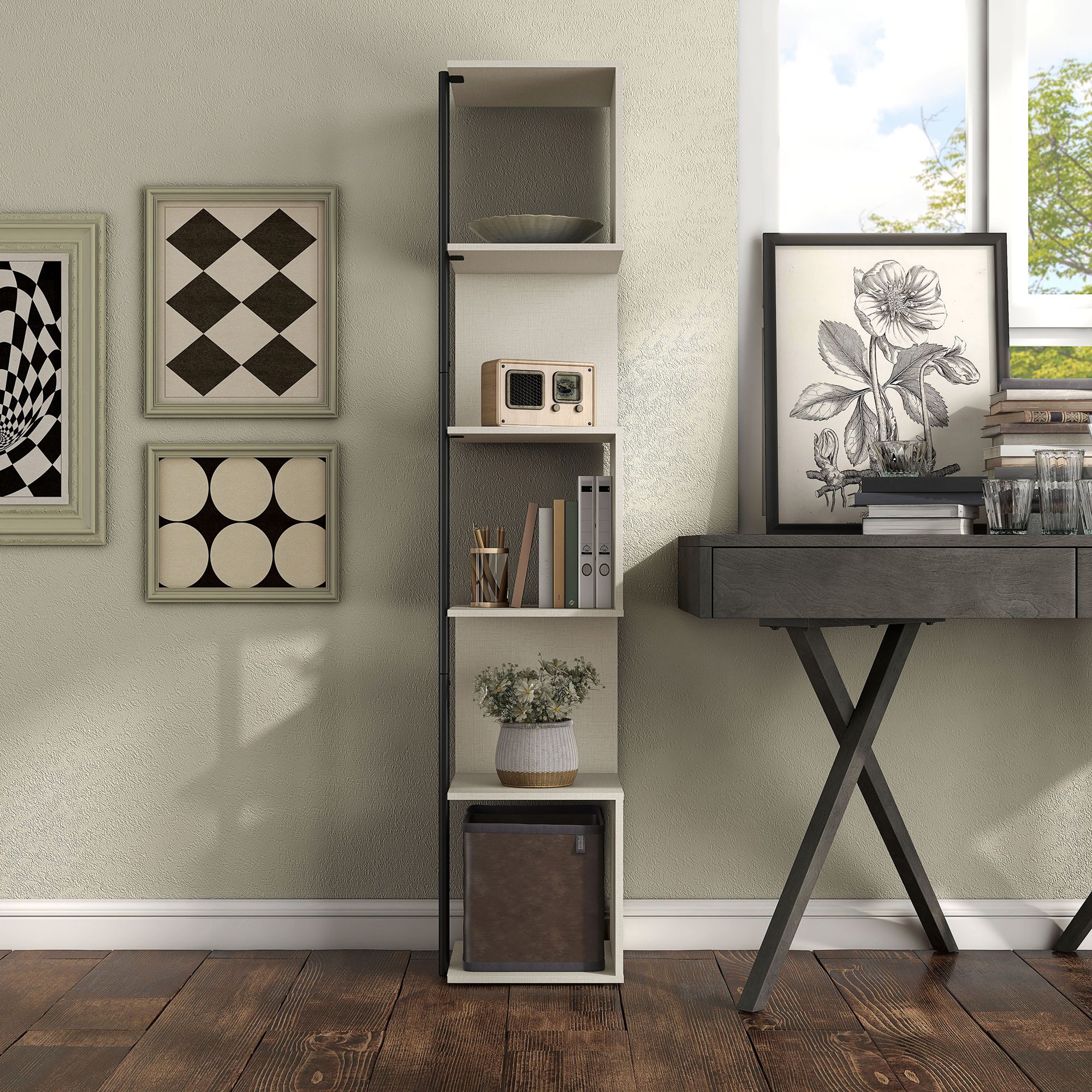 Yaztra 12" Wide Cream Weave 5-Shelf Corner Bookcase