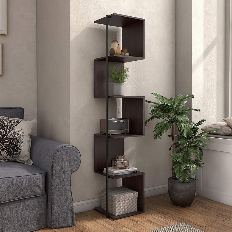 Image 1 Yaztra 12" Wide Red Cocoa and Black 5-Shelf Corner Bookcase