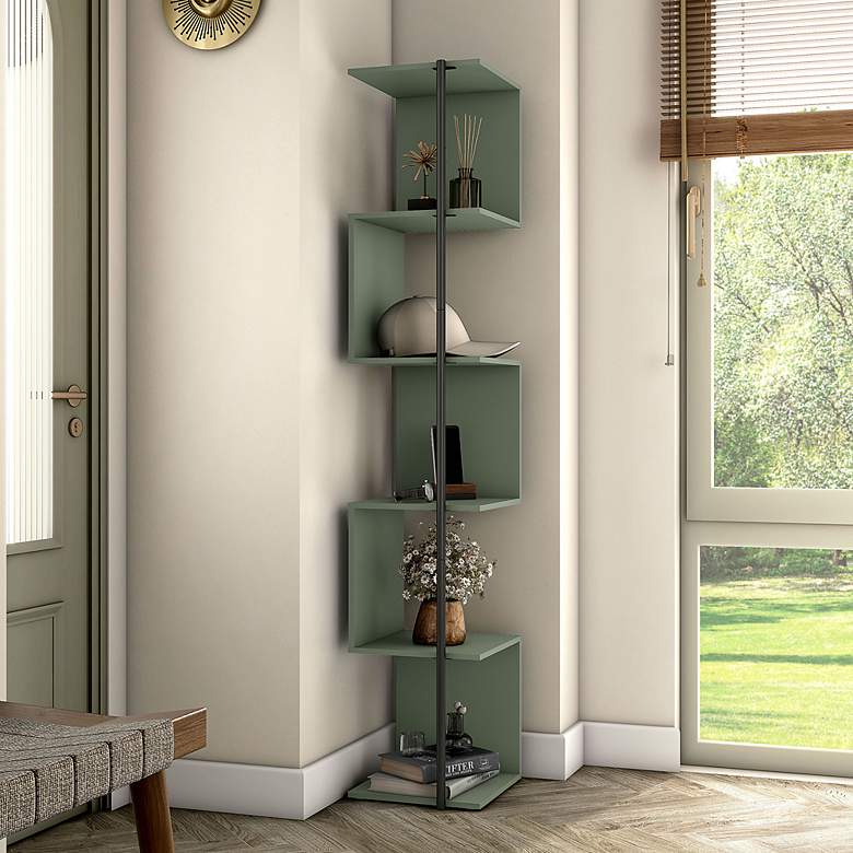 Image 1 Yaztra 12" Wide Sage Green and Black 5-Shelf Corner Bookcase