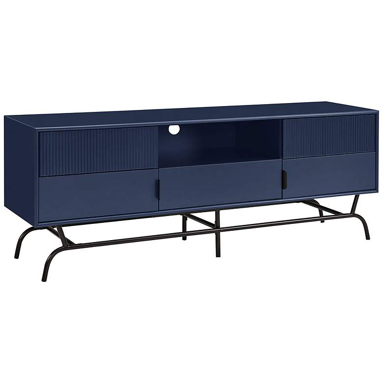 Image 2 Yaztra 60 inch Wide Blue Wood 3-Drawer TV Stand