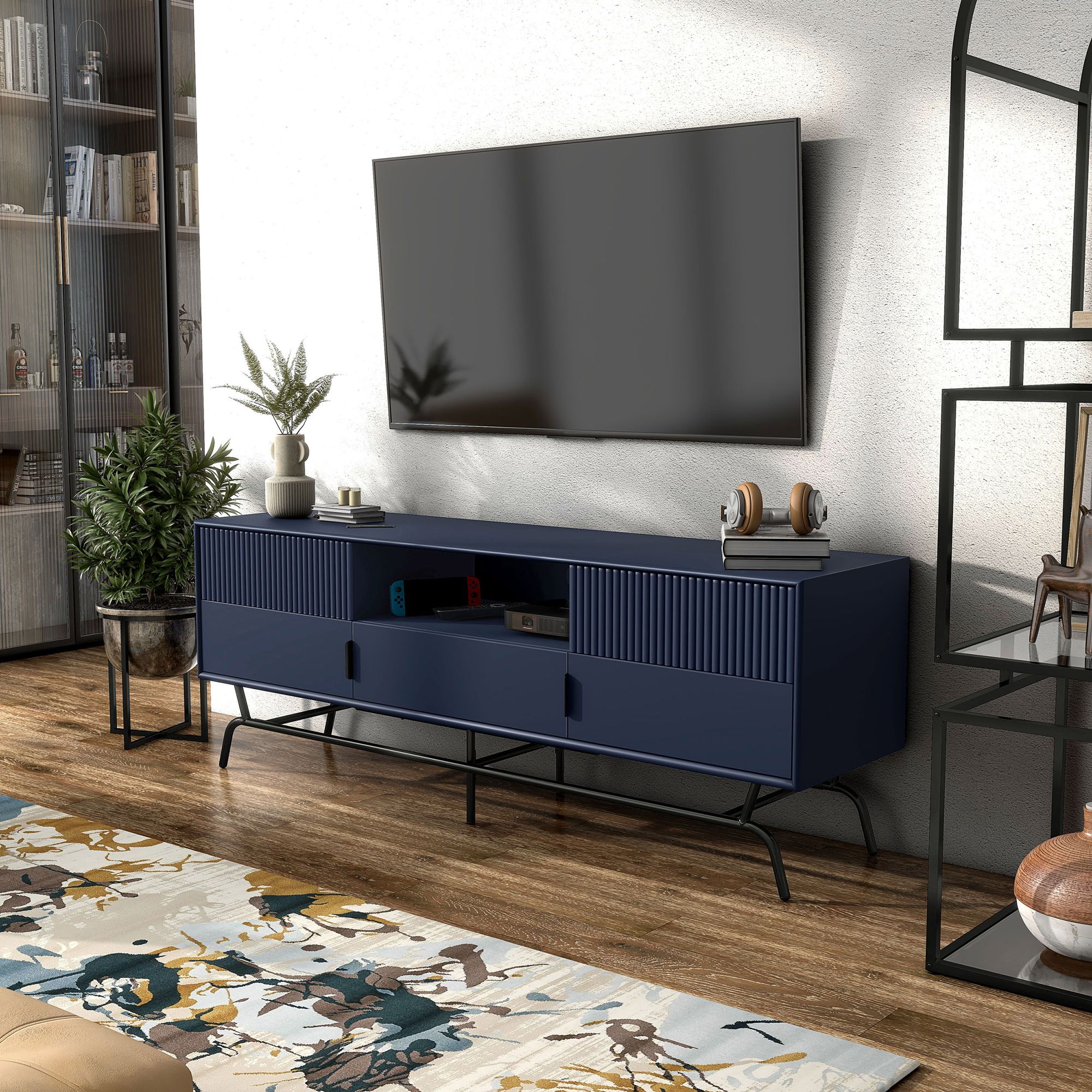 Yaztra 60 Wide Blue Wood 3 Drawer TV Stand 1001E Lamps Plus