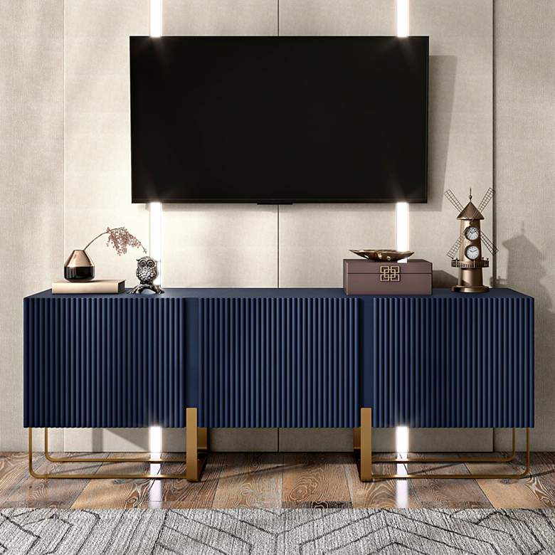 Image 1 Yaztra 60" Wide Indigo Wood 3-Door TV Stand