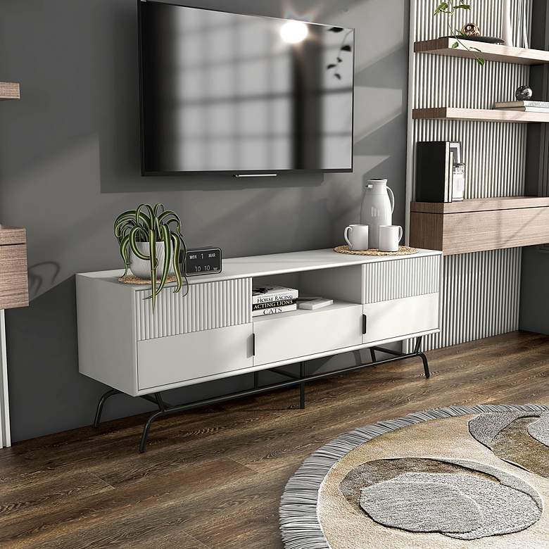 Image 1 Yaztra 60" Wide White Wood 3-Drawer TV Stand
