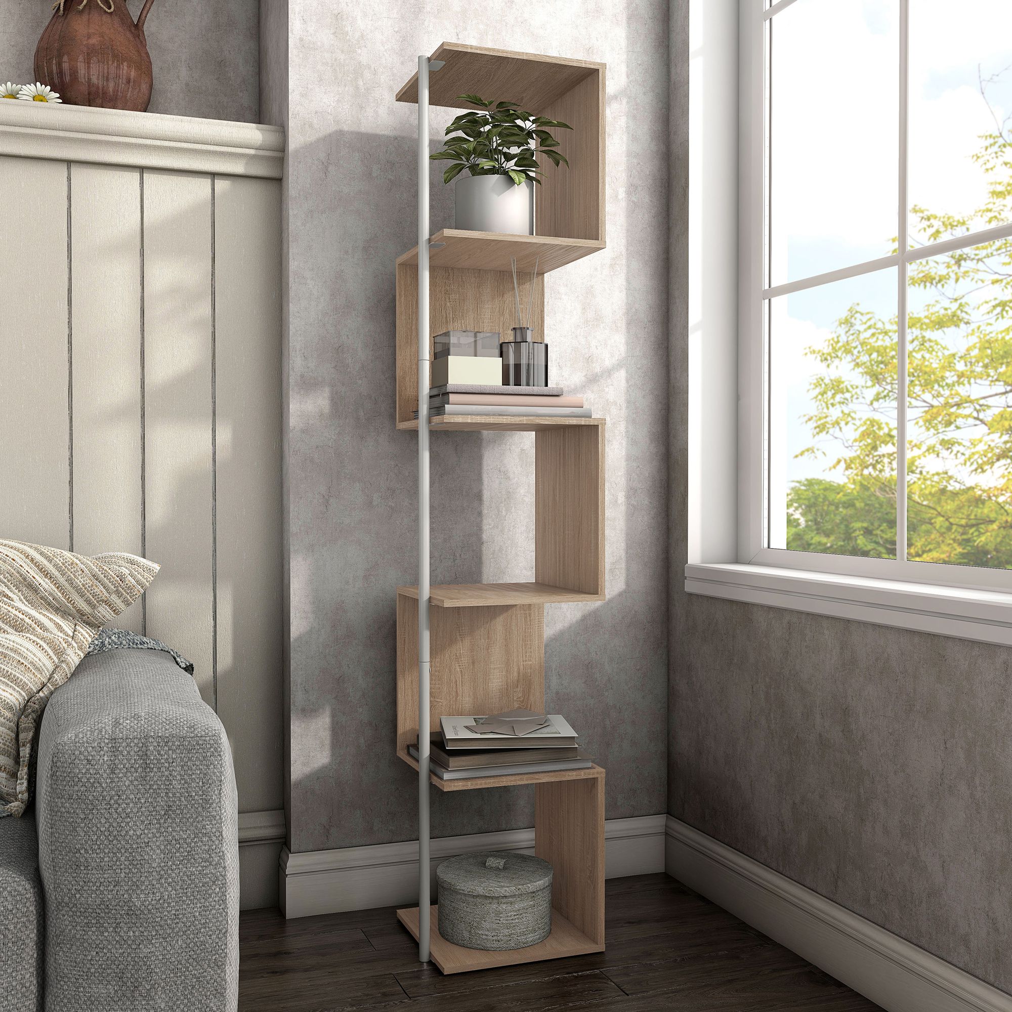 Yaztra 61 1/4" High Modern Natural Wood 5-Shelf Corner Bookcase