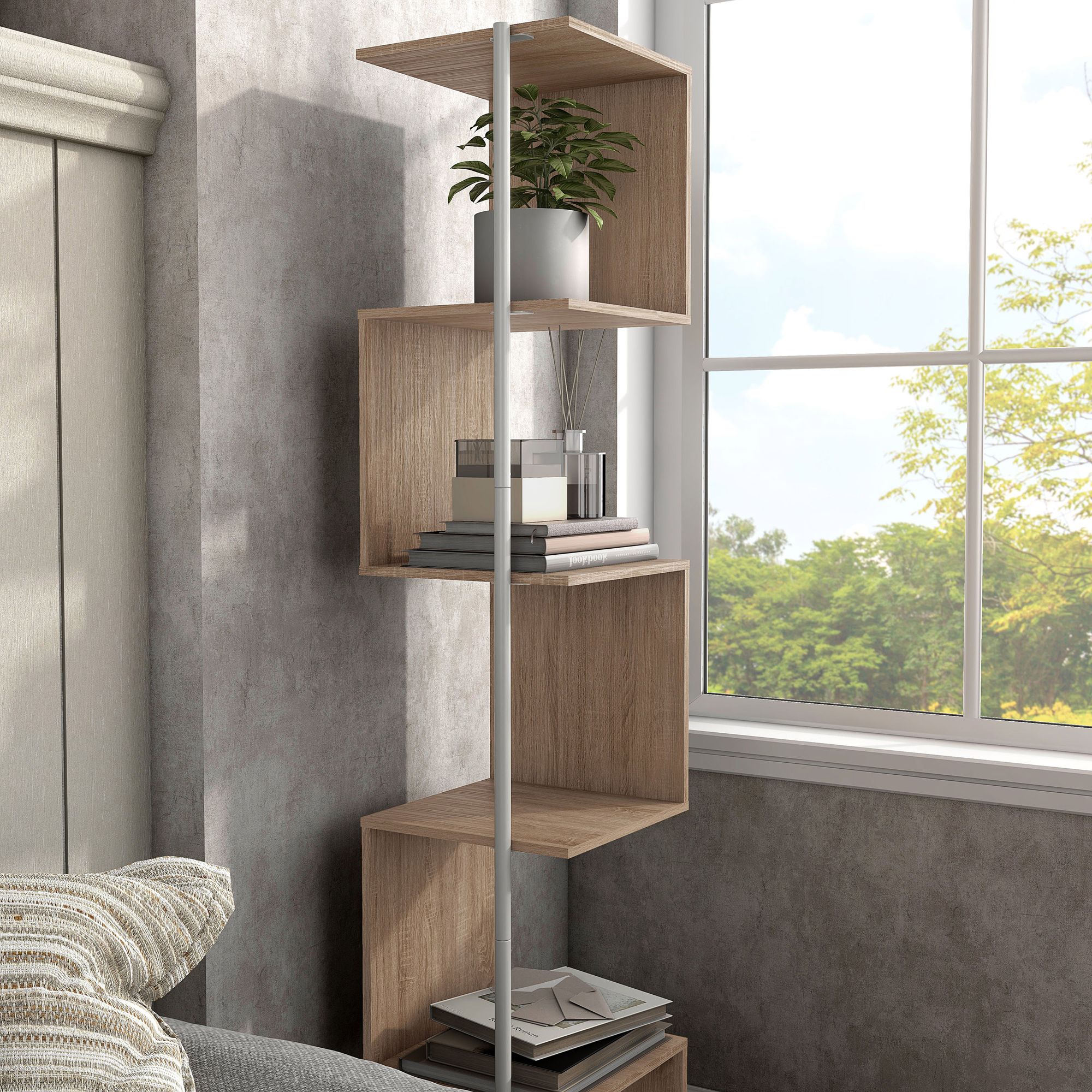 Yaztra 61 1/4" High Modern Natural Wood 5-Shelf Corner Bookcase