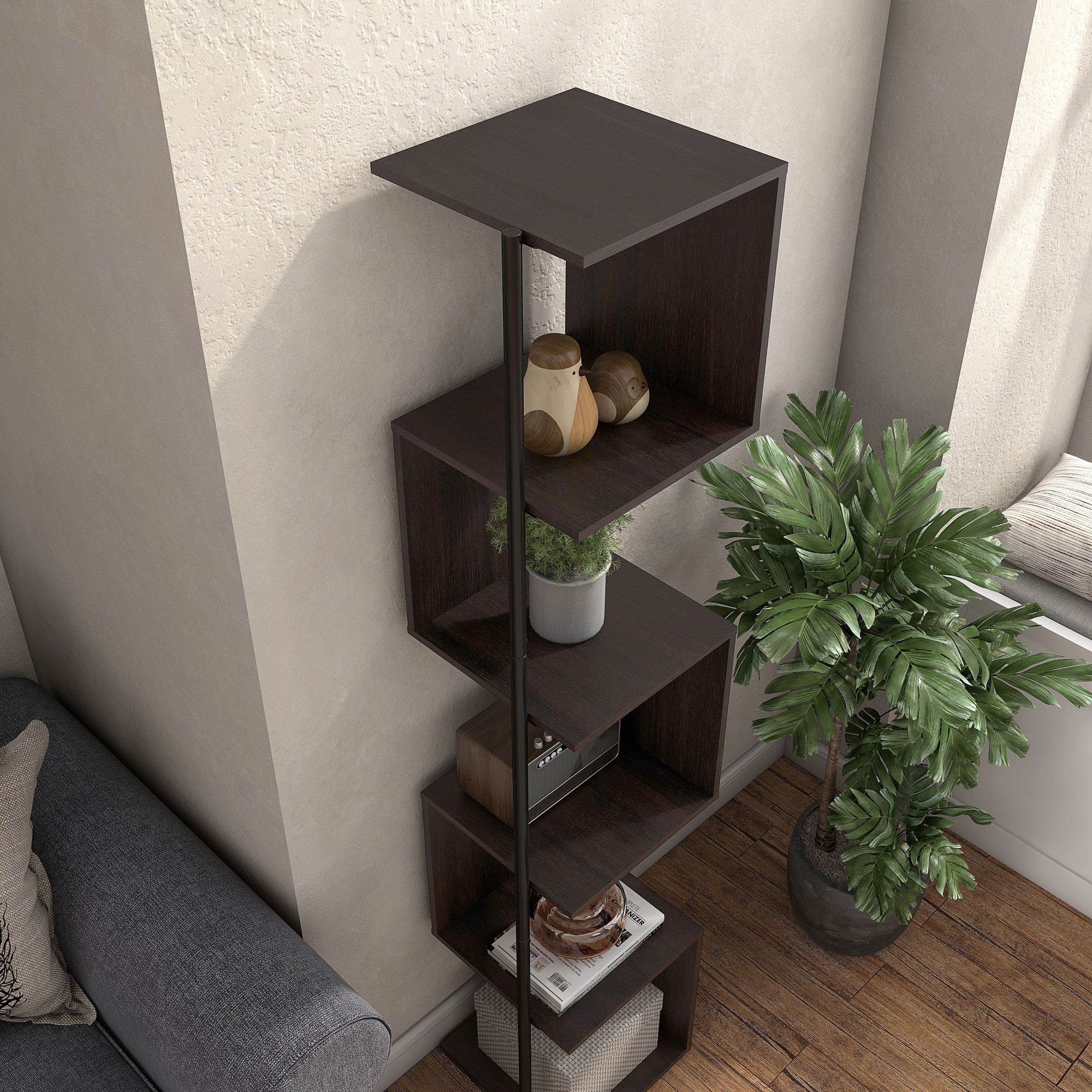Yaztra 63 1/4" High Modern Red Cocoa and Black 5-Shelf Corner Bookcase