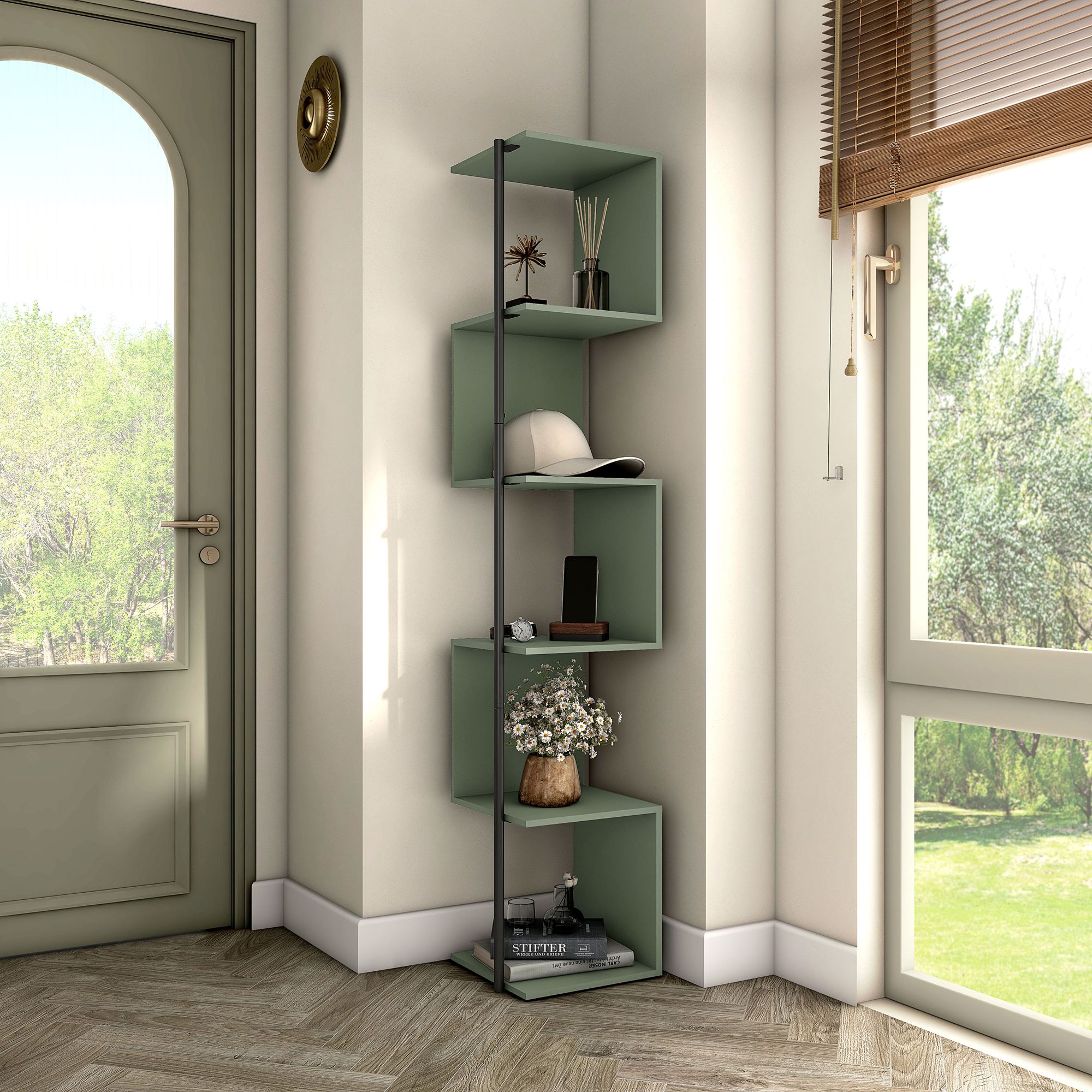Yaztra 63 1/4" High Sage Green and Black 5-Shelf Corner Bookcase