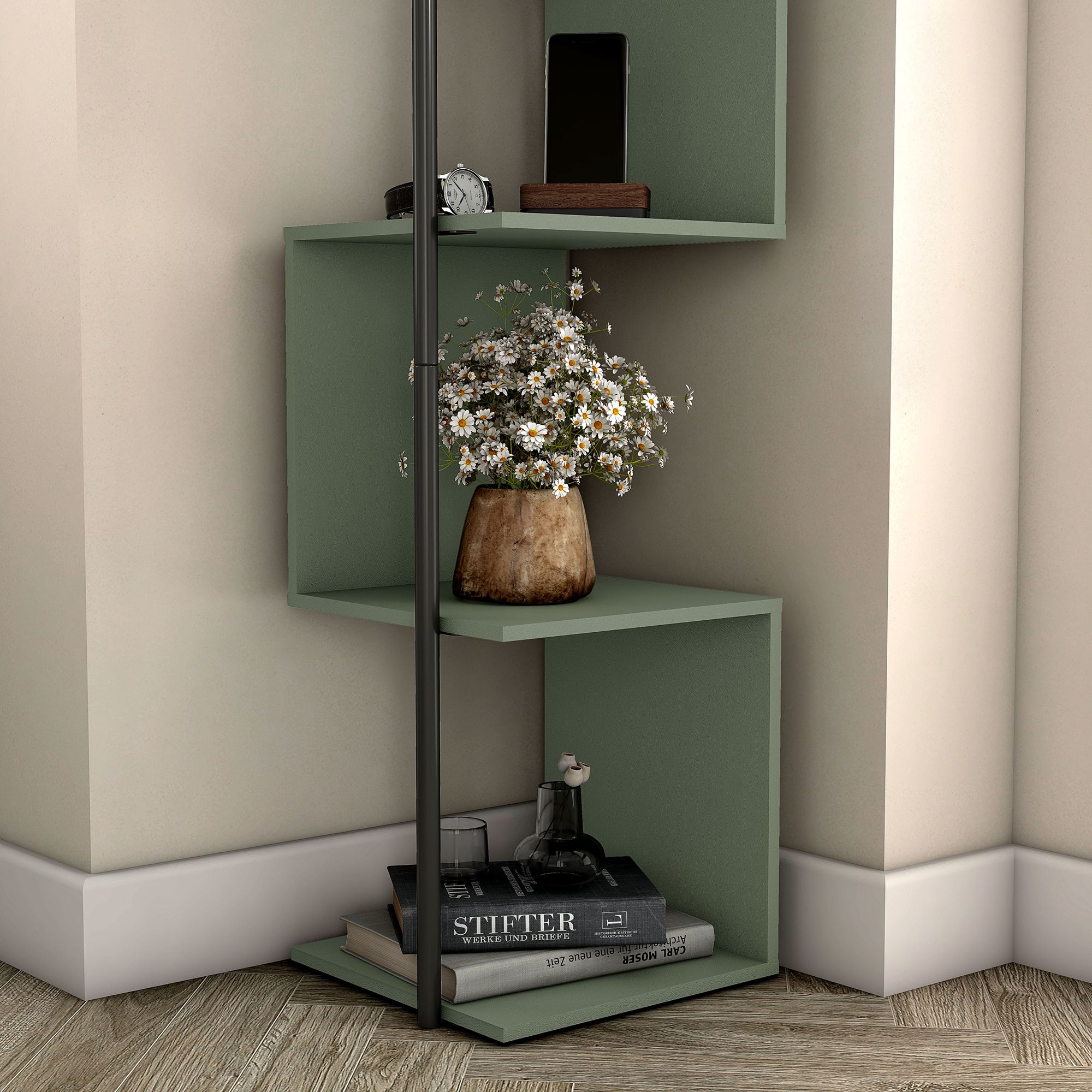 Yaztra 63 1/4" High Sage Green and Black 5-Shelf Corner Bookcase