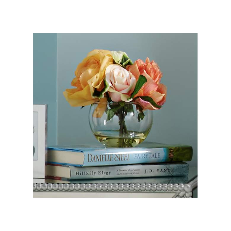Image 1 Yellow and Pink 7 1/2" Wide Roses in Clear Glass Pot
