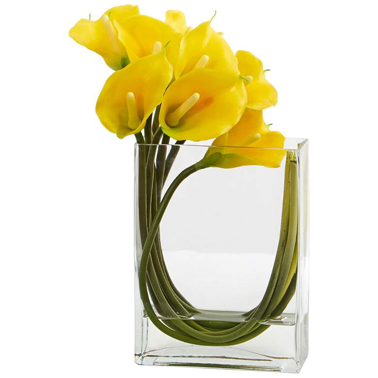 Image 1 Yellow Calla Lily 12 inch Wide Faux Flowers in Glass Vase