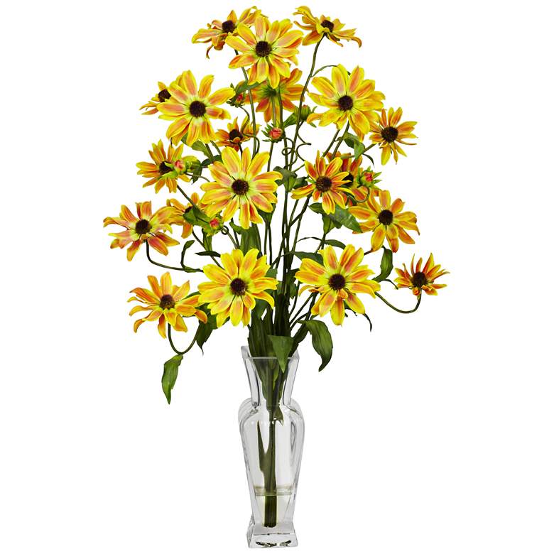 Image 1 Yellow Cosmos 27 inch High Faux Flowers in Glass Vase