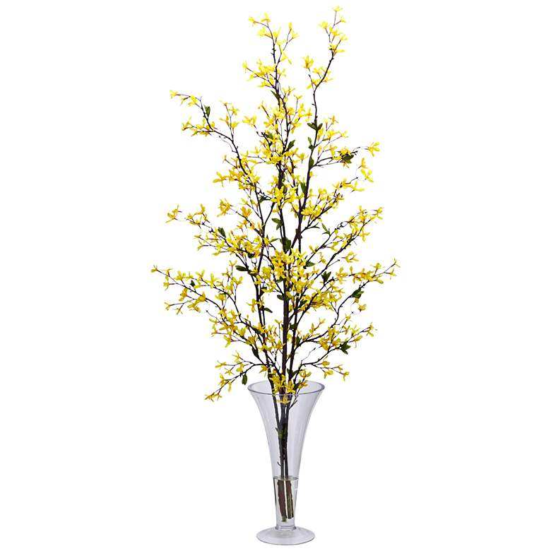 Image 1 Yellow Forsythia 45" High Faux Flowers in Glass Vase